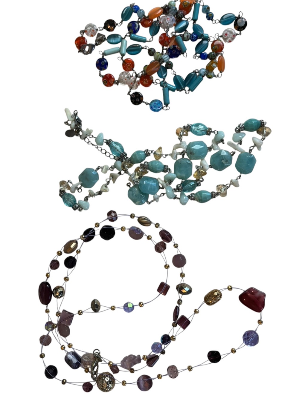 3 Cookie Lee Beaded Necklaces Purple Crystal Aqua Coastal Millefiori Glass